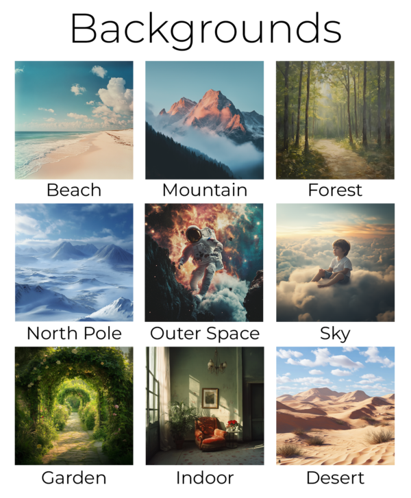 choose background styles from Beach, mountain, forest, north pole, outer space, sky, garden, indoow, desert