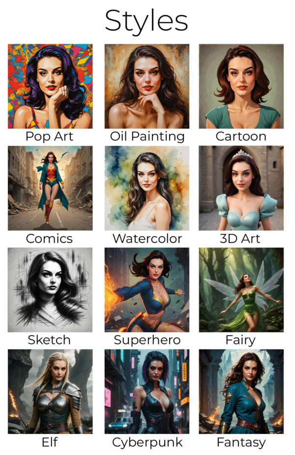 styles of custom portraits to choose from, pop art, oil painting, cartoon, pixar, 2d, 3d, illustration, fantasy, comics, superhero, digital art, watercolor, sketch, elf, fairy, cyberpunk